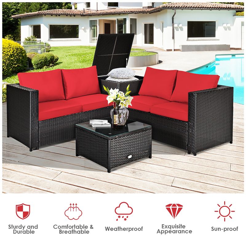 Costway 8PCS Outdoor Patio Rattan Furniture Set Cushioned Loveseat Storage Table Red\Navy, 4 of 11