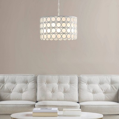 Mid-Century White Drum Shade Chandelier with Glass Accents