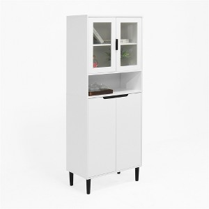 Tall Storage Show Cabinet with 2 Glass Display Door & 2 Doors, Tall Kitchen Pantry Cabinet with Gold Handles - 1 of 4