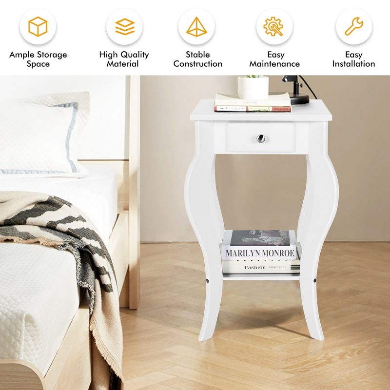 Costway End Side Table with Drawer Bottom Shelf Accent Nightstand Bedroom White\Black\Brown, 5 of 11
