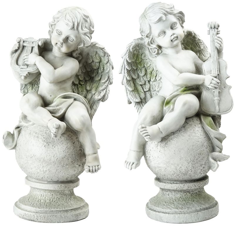Northlight Set of 2 Cherub Angels with Instruments Outdoor Patio Garden Statues 14.75" - White/Green, 1 of 3