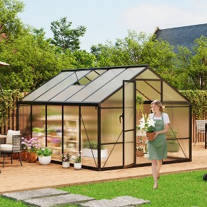 Aluminum Large Walk-in Greenhouse for Outdoors, Sliding Door & Ajustable Roof Vent, Polycarbonate Green Houses for Outside Garden,Backyard,Patio,Lawn - 1 of 4