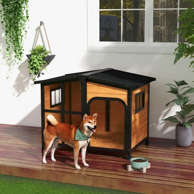 LOVMOR Outside Cabin-Style Wooden Dog House for Large Dogs with Openable Roof & Giant Window