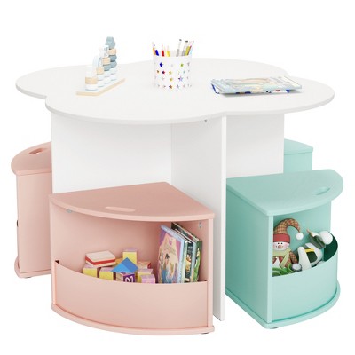 Arceso Toddler Table and Chair Set with 4 Storage Stools, Flower Shaped Nesting Design with Built-in Pen Holder, Kids Table
