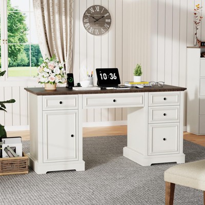 Vipbear administrative desk, wooden computer desk with drawers and cabinets, for home, study, work, writing, antique white home desk for work, white