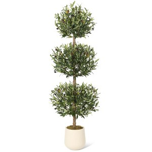 5FT Artificial Olive Triple Ball Topiary Trees with Moss & Inner Pot - 1 of 4