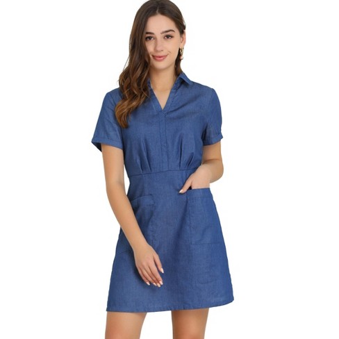 Allegra K Women's Button Down Belted Pleated Flare A-line Denim Shirt Dress  Dark Blue Small : Target