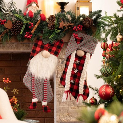 FIONECA 21" Gnome Face Christmas Stocking, 2 Pack Exquisite Plush Personalized Fireplace Hanging Stockings for Holiday Party Christmas Decorations