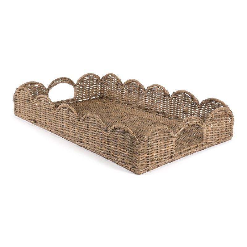 happimess Scalloped 21.5" Southwestern Cottage Hand-Woven Rattan Tray with Handles, Natural, 2 of 10