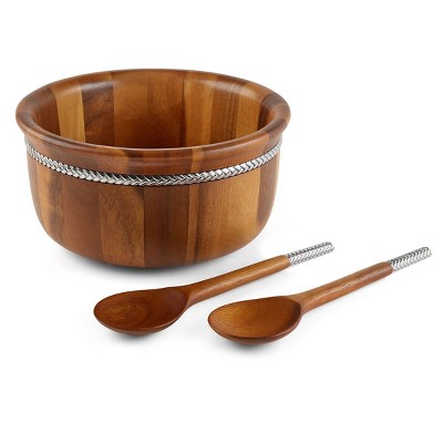 Nambe Braid Round Wooden Salad Bowl with Servers, 11 in D x 5.5 in H, Acacia Wood and Chrome Plating, Large Serving Bowl,Natural