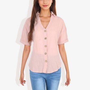 Anna-Kaci Women's Short Sleeve Button Down Shirt with V-Neckline - 1 of 4