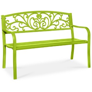 Best Choice Products Outdoor Steel Bench Garden Patio Porch Furniture w/ Floral Design Backrest - 1 of 4