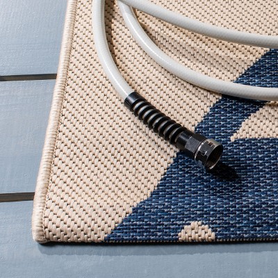 Beige and Blue Floral Rectangular Indoor/Outdoor Rug