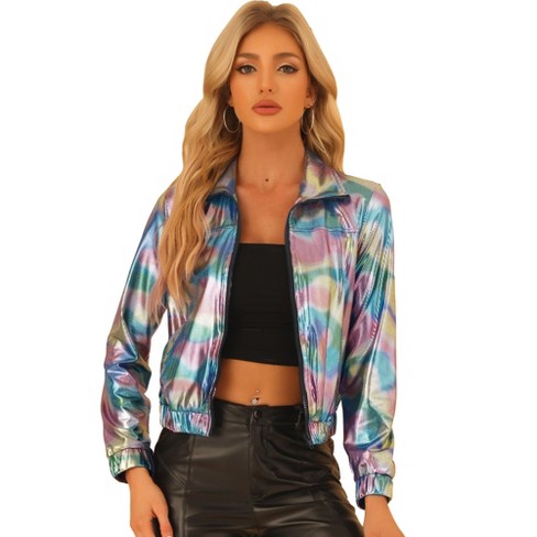 Allegra K Women's Holographic Shiny Long Sleeve Metallic Zip Front Track  Jacket Rainbow Small