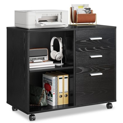 GALAXHERO 3-Drawer Wood Lateral Filing Cabinet, Mobile Printer Stand with Open Shelves for Home Office