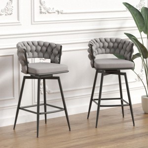 28 Inch Bar Stool Linen Woven Bar Stools Set of 2, Black Legs Bar Stools Non Adjustable Kitchen Island Chair - 1 of 4