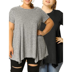 Agnes Orinda Women's Plus Size Asymmetrical Hem Knit Ribbed Summer Casual Packs Peasant Tops - 1 of 4