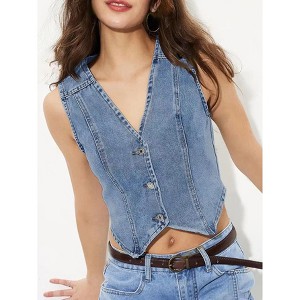 Women's Denim Vest Sleeveless V-Neck, Stretch Cotton Jacket for Casual Outfits - 1 of 3