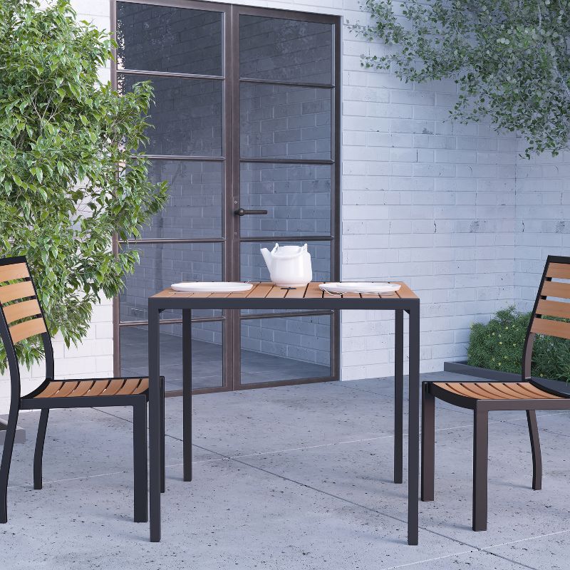 Merrick Lane 35" Square Faux Teak Outdoor Dining Table with Powder Coated Steel Frame and Umbrella Hole, 3 of 12
