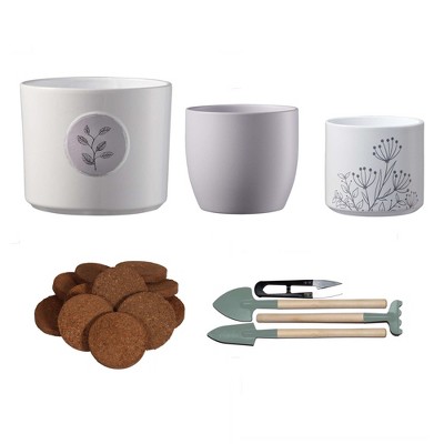 Minimalist Indoor Garden Kit – 3 Modern Planters with Tools & Soil Pellets, 3.1", 3.9" & 5.1" Dia pots