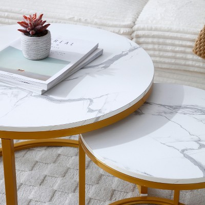 Okak Simple Round Set 2 Coffee Table Side Tables Patio End Table Nightstand Marble Pattern Nesting Outdoor&Indoor for Yard Bedroom Apartment, Yellow