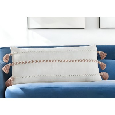 Blush Pink Cotton Lumbar Pillow with Tassels, 12" x 30"