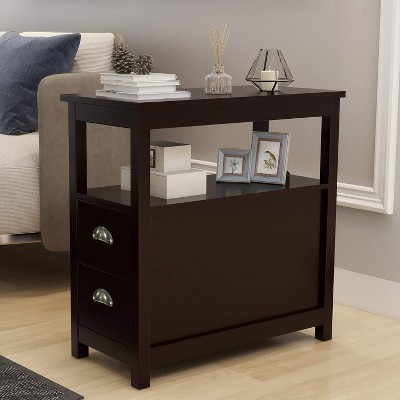 Wooden Narrow Side Table with 2 Drawers & Open Shelf, Freestanding Nightstand Sofa End Table for Small Spaces, Living Room, Bedroom, Brown