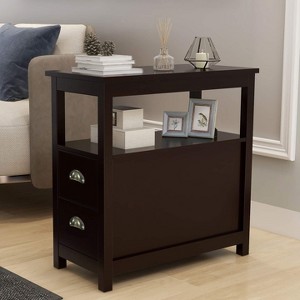 Wooden Narrow Side Table with 2 Drawers & Open Shelf, Freestanding Nightstand Sofa End Table for Small Spaces, Living Room, Bedroom, Brown - 1 of 4