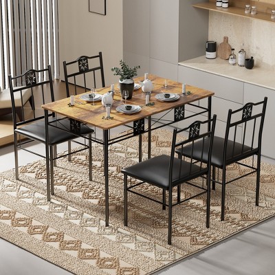 VECELO Dining Room Wooden Kitchen Table and Pu Cushion Chair Sets for Small Space, Retro Brown