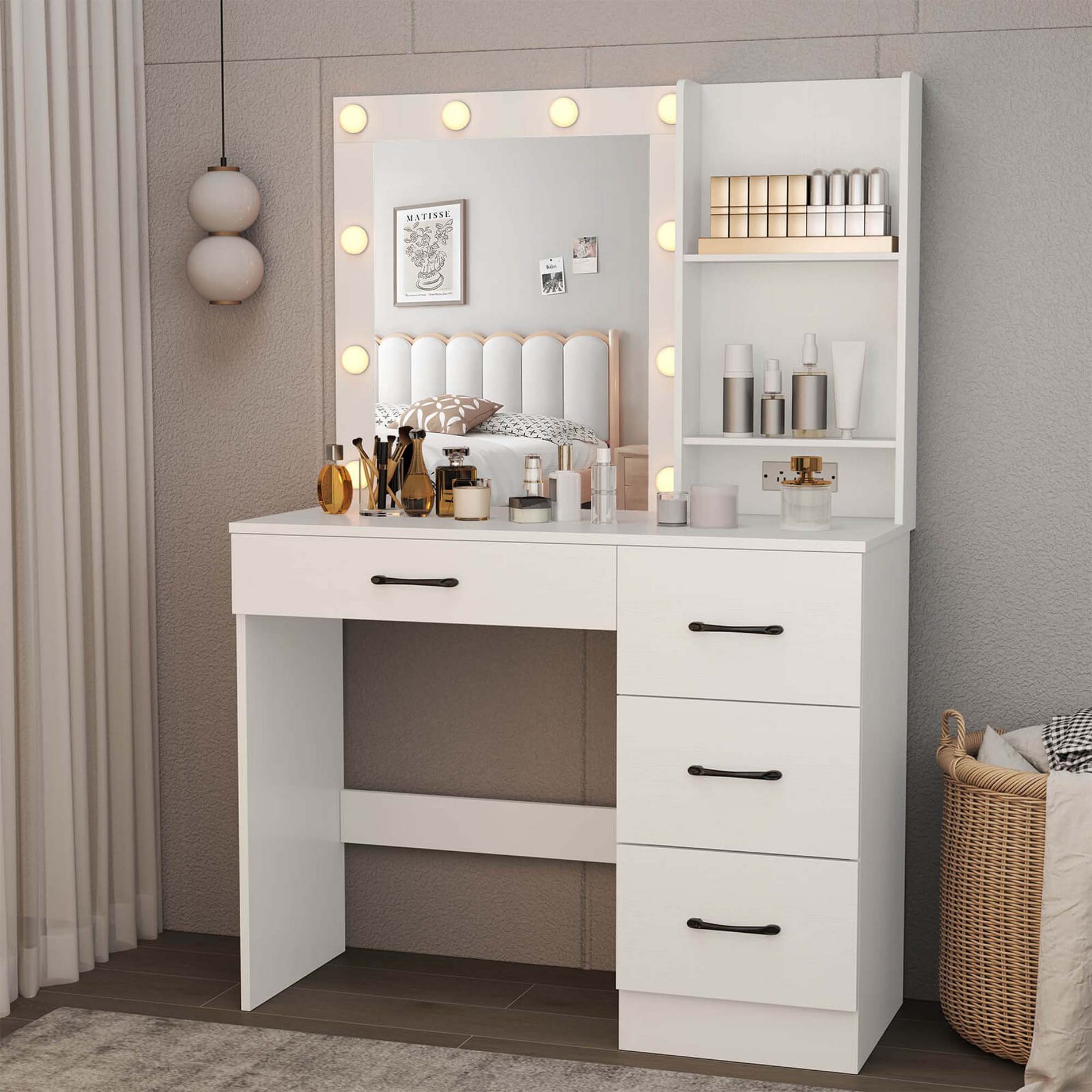 Costway Makeup Vanity Desk with Mirror and Lights Charging Station 3-Color LED Lights White