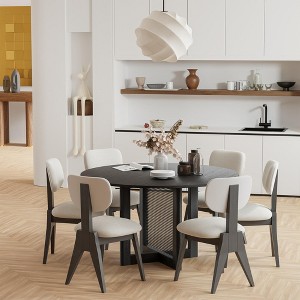 PexFix 52" x 52" Farmhouse Kitchen Dining Room Table Furniture Round Black Kitchen Table with Rattan Woven Legs for Kitchen Bar Living Room - 1 of 4