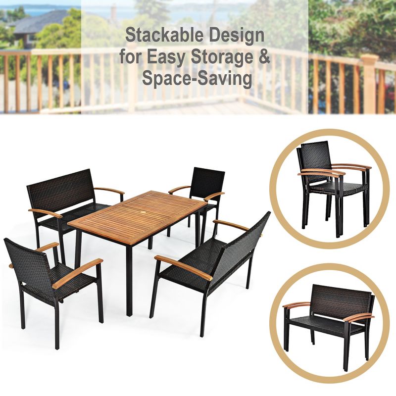 Costway 5PC Patio Rattan Dining Set Acacia Wood Table Top Stackable Chair Bench, 4 of 11