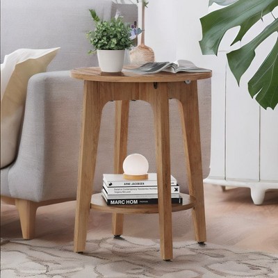 Round Side Table with Lower Shelf, End Table for Small Spaces, Nightstand Rustic Walnut