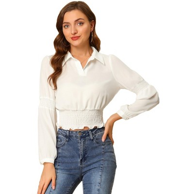 INSPIRE CHIC Women's Puff Long Sleeves V Neck Chiffon Smocked Crop Blouse