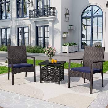 3pc Patio Dining Set with 22" Square Metal Table with Umbrella Hole & 2 Rattan Chairs - Black - Captiva Designs