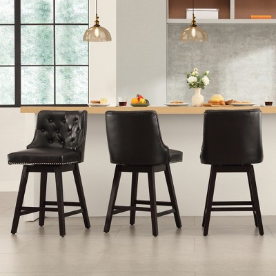 Gericco Swivel Bar Stools, 26" Faux Leather Upholstered Swivel Counter Stools, Modern Kitchen Island Stools with Solid Wood Legs, Black