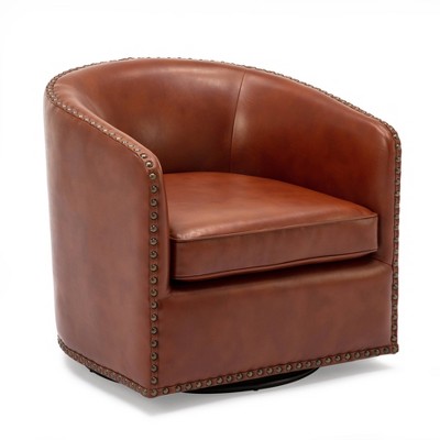 Caramel Faux Leather Swivel Barrel Accent Chair