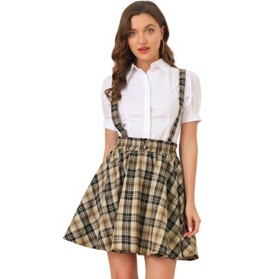 INSPIRE CHIC Women's Plaid Pleated Mini Tartan Overall Skater Suspender Skirt
