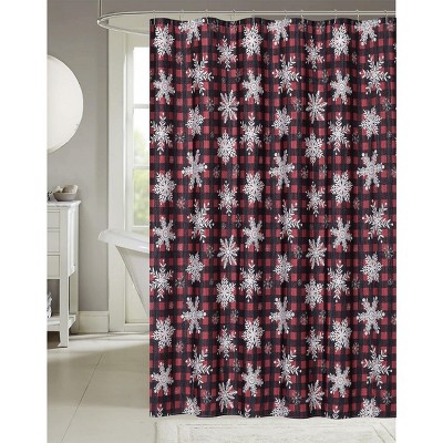 Kate Aurora Holiday Living Sparkle Christmas Farmhouse Plaid Snowflakes Fabric Shower Curtain