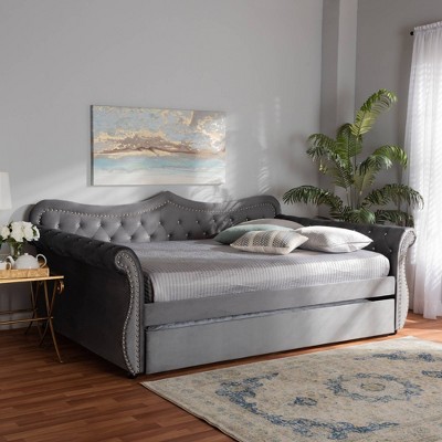 Gray Velvet Upholstered Full Daybed with Tufted Trundle