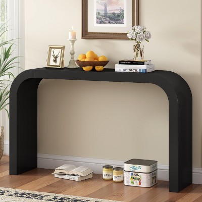 HDZNVF 52 Inch Wood Console Table with Curved Edge, Natural Texture, Black
