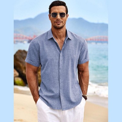 COOFANDY Men's Linen Short Sleeve Casual Button Down Beach Summer Wedding Shirt