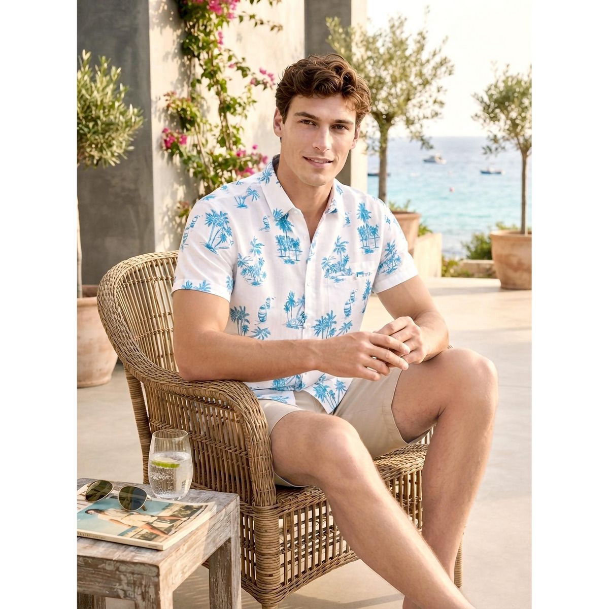 HAPPY BAY Men's Short Sleeve Button Down Hawaiian Collar Shirts Aloha Camp Beach Vacation Shirts Casual Camp Summer Untuckit Shirt 3XL Blue,Tree - thumbnail 4