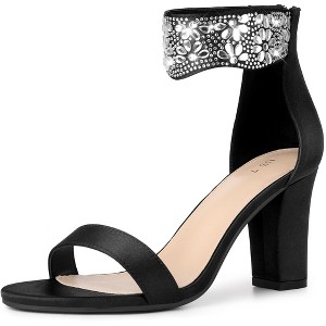 Allegra K Women's Rhinestone Diamond Decor Crystal Ankle Strap Chunky Heel Sandals - 1 of 4