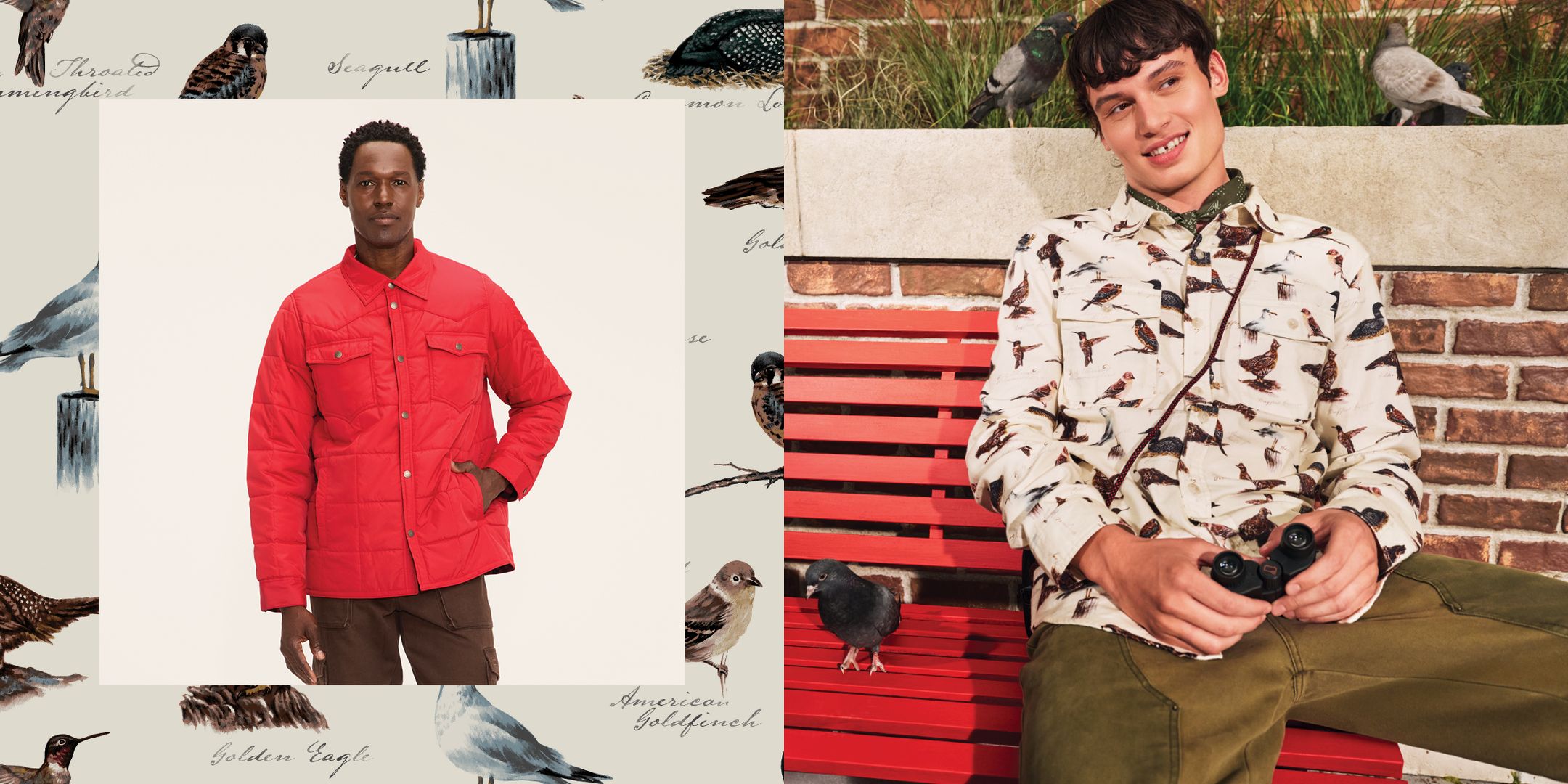 Man in red quilted jacket with Woolrich classic sheep and logo graphic tee and brown cargo pants. Man in all over print bird button-down shirt with olive workwear pants and binoculars.