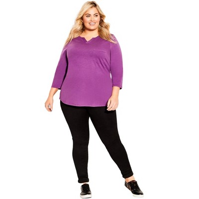 Avenue Women's Plus Size Notch Neck 3/4 Sleeve Plain Tee
