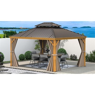 VisioGear 12'x12' Outdoor Hardtop Gazebo, Wooden Coated Gazebo, Patio Gazebo with Galvanized Steel Double Roof, Wood-Looking, 11.25*11.25*10.08"