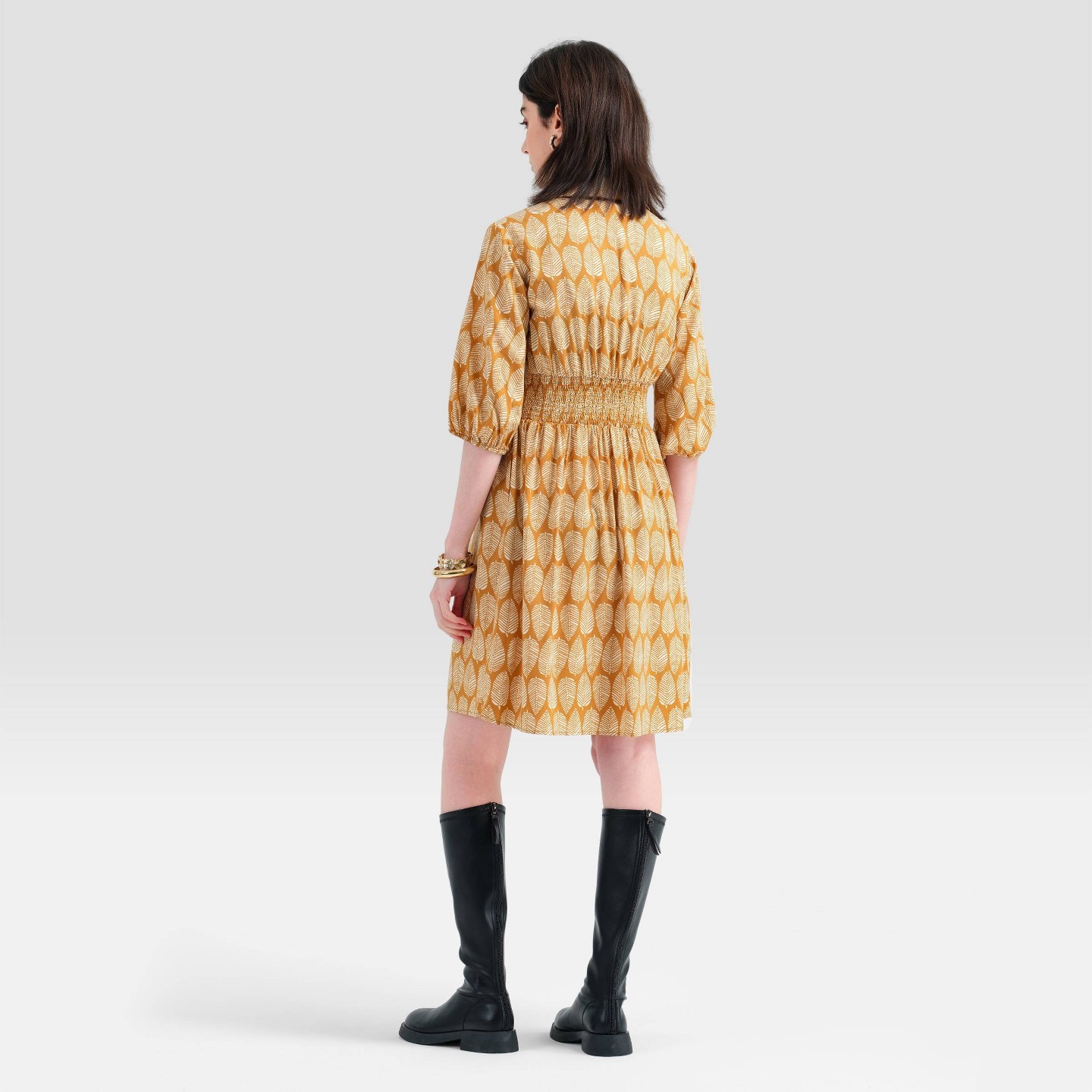 Женское платье A New Day Puff 3/4 Sleeve Smocked Waist Shirtdress, цвет: Жёлтый — фото 2