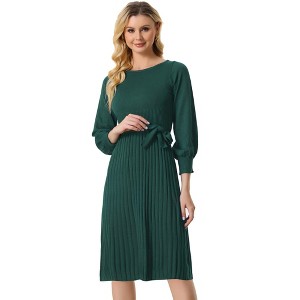 Allegra K Women's Knit Belted Round Neck Lantern Sleeves Casual Pleated Sweater Dresses - 1 of 4
