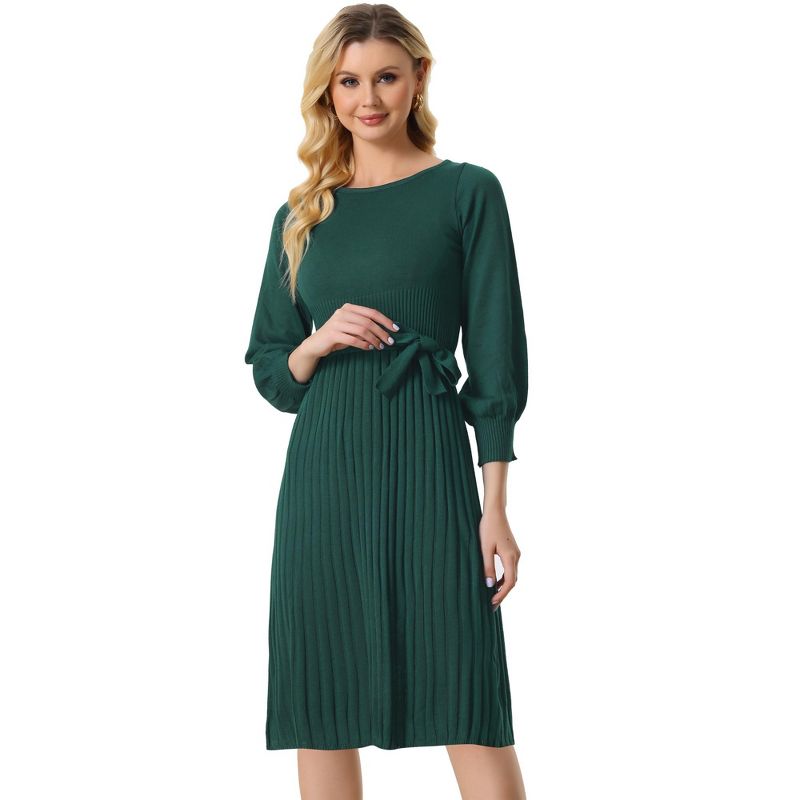 Allegra K Women's Knit Belted Round Neck Lantern Sleeves Casual Pleated Sweater Dresses, 1 of 6